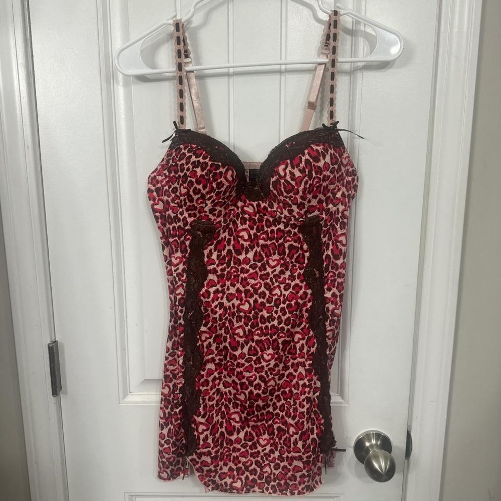 y2k style pink and brown leopard print lace trim lingerie dress. Small